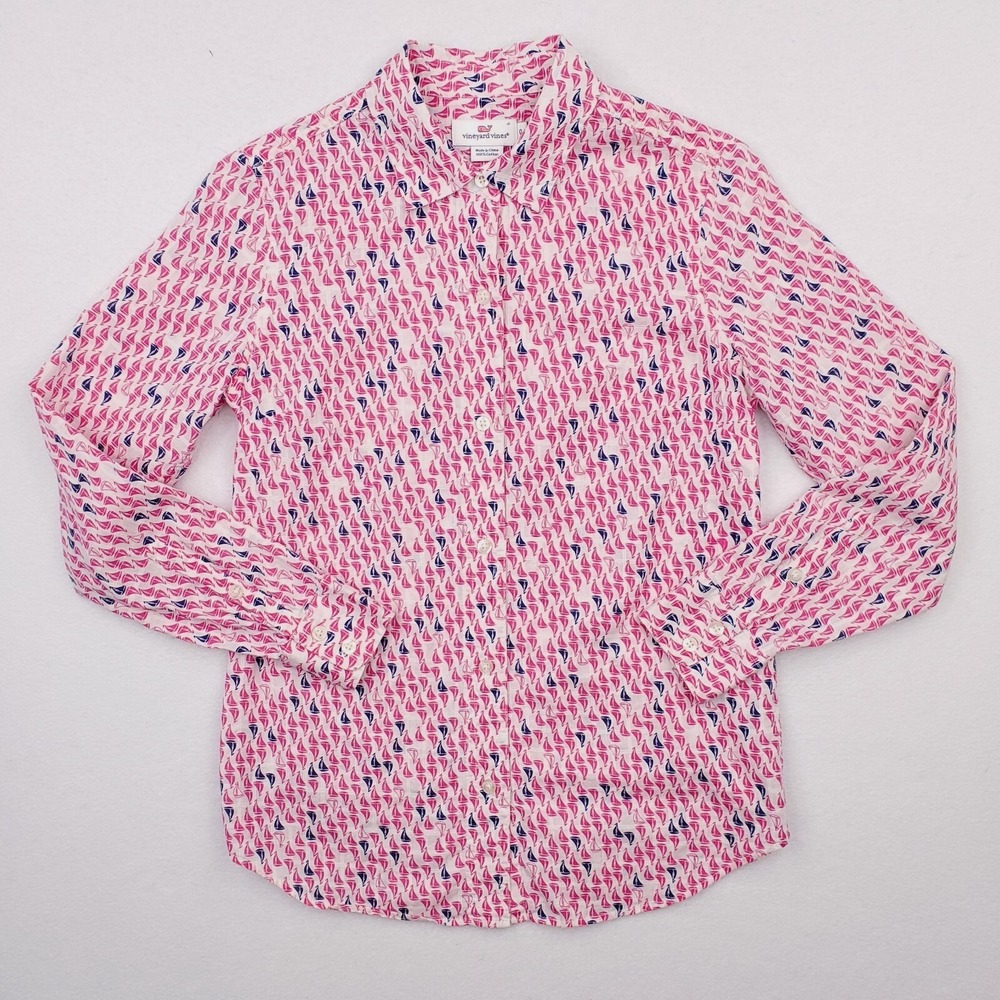 Vineyard Vines Shirt Womens 0 Pink Blue Sailboat Nautical Sailing Blouse Sheer